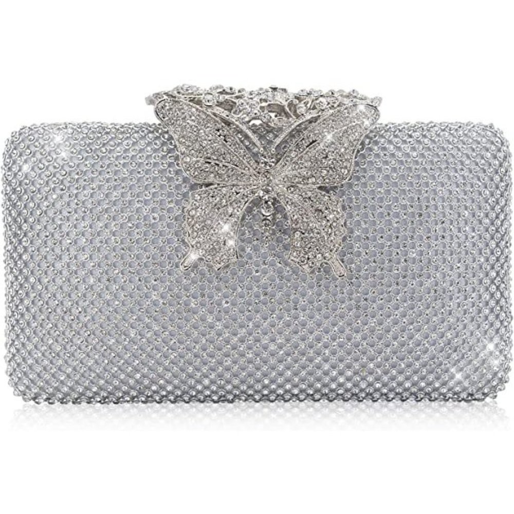 NEW Sparkling Bling Crystal Rhinestone Clutch Butterfly Purse: Silver Go… - Picture 12 of 13